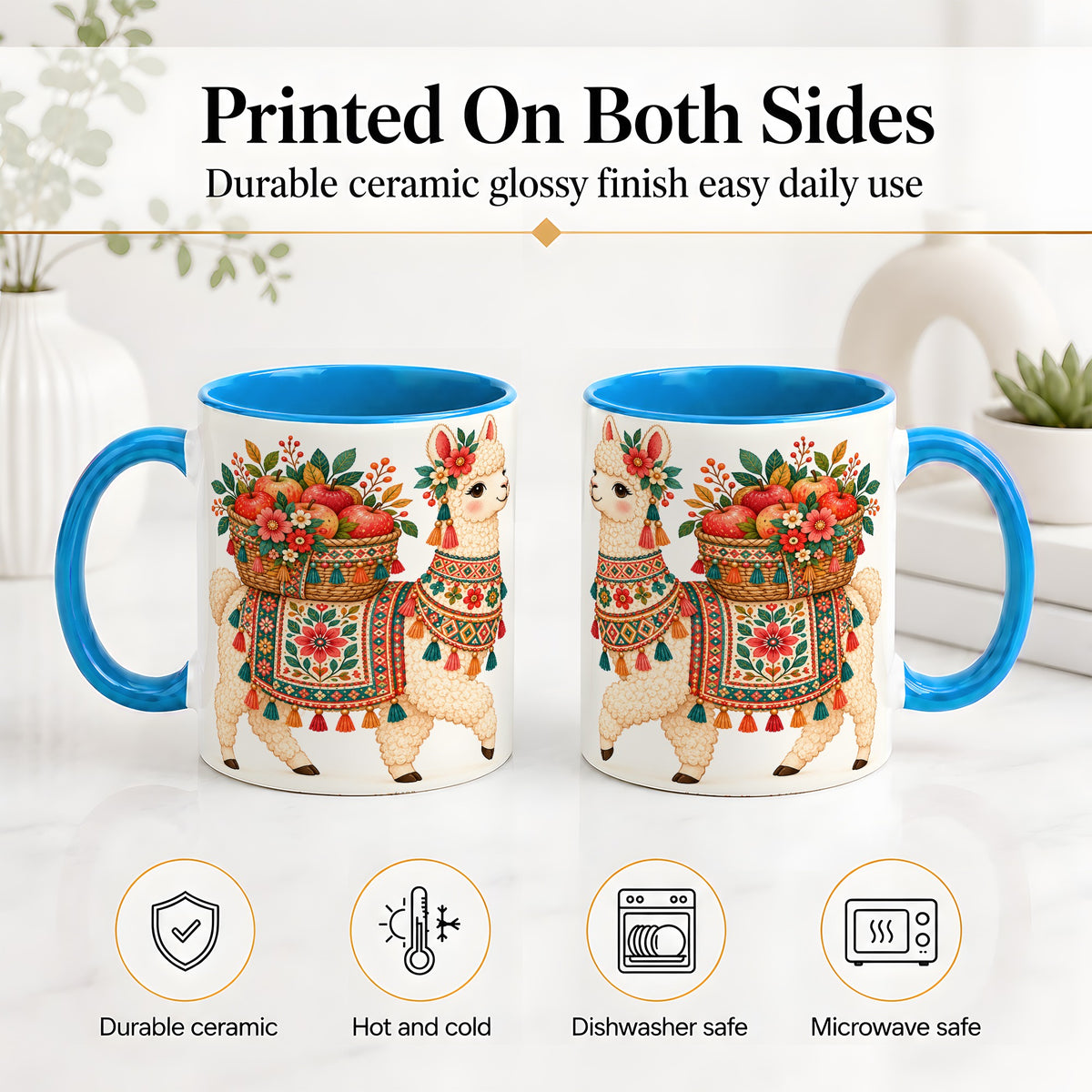 #pl[11oz|Blue] Floral Llama Ceramic Mug with Apples and Folk Pattern Artwork
