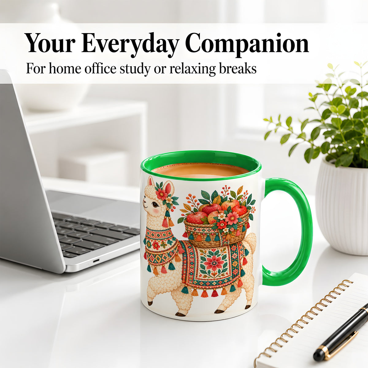 #pl[11oz|Green] Floral Llama Ceramic Mug with Apples and Folk Pattern Artwork