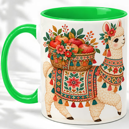 #pl[11oz|Green] Floral Llama Ceramic Mug with Apples and Folk Pattern Artwork