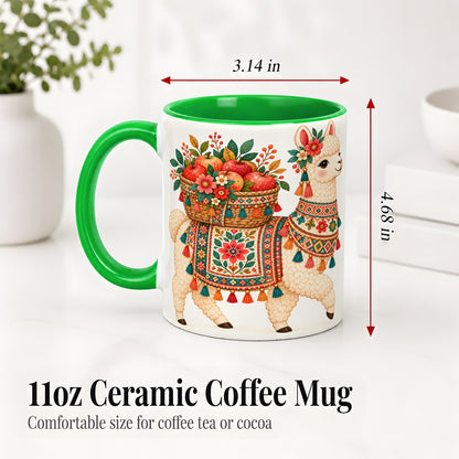#pl[11oz|Green] Floral Llama Ceramic Mug with Apples and Folk Pattern Artwork