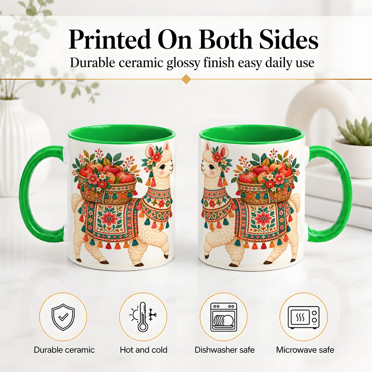#pl[11oz|Green] Floral Llama Ceramic Mug with Apples and Folk Pattern Artwork