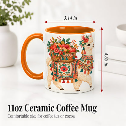 #pl[11oz|Orange] Floral Llama Ceramic Mug with Apples and Folk Pattern Artwork