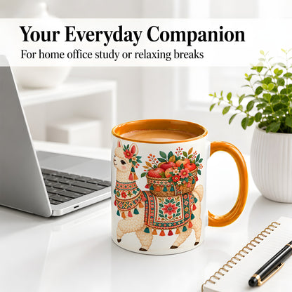 #pl[11oz|Orange] Floral Llama Ceramic Mug with Apples and Folk Pattern Artwork