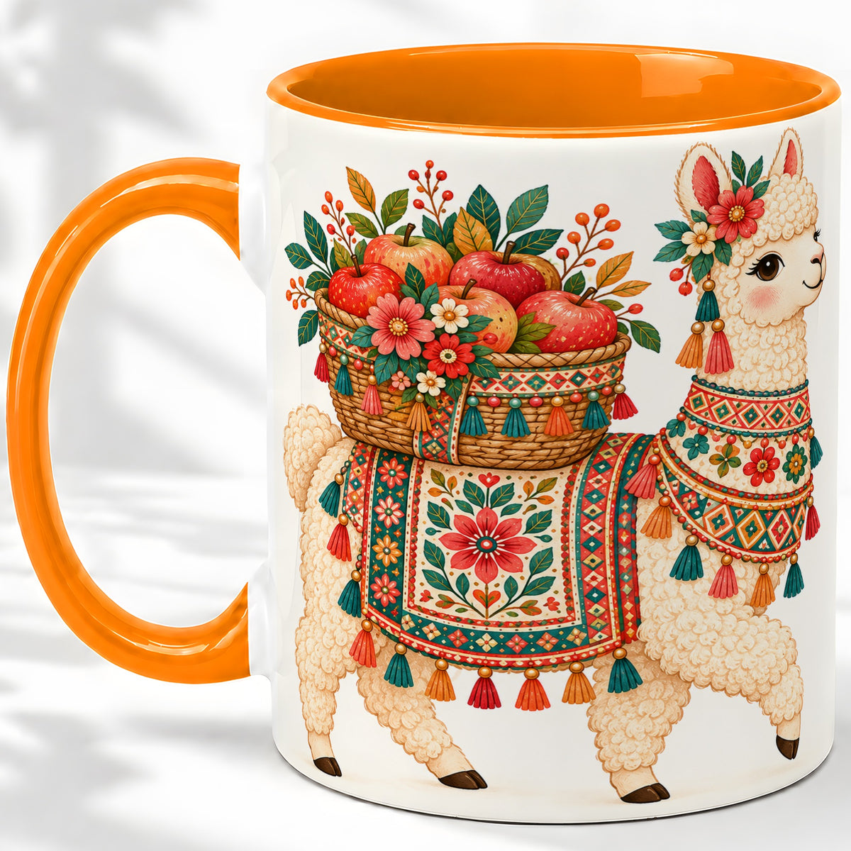 #pl[11oz|Orange] Floral Llama Ceramic Mug with Apples and Folk Pattern Artwork