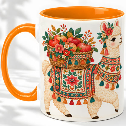 #pl[11oz|Orange] Floral Llama Ceramic Mug with Apples and Folk Pattern Artwork
