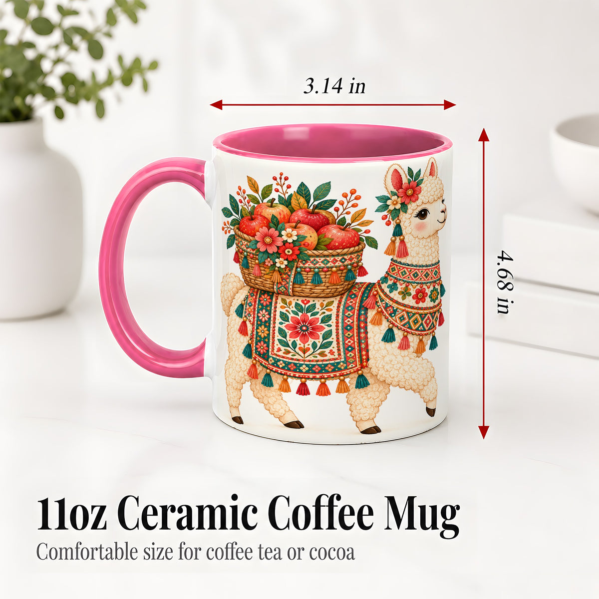 #pl[11oz|Pink] Floral Llama Ceramic Mug with Apples and Folk Pattern Artwork