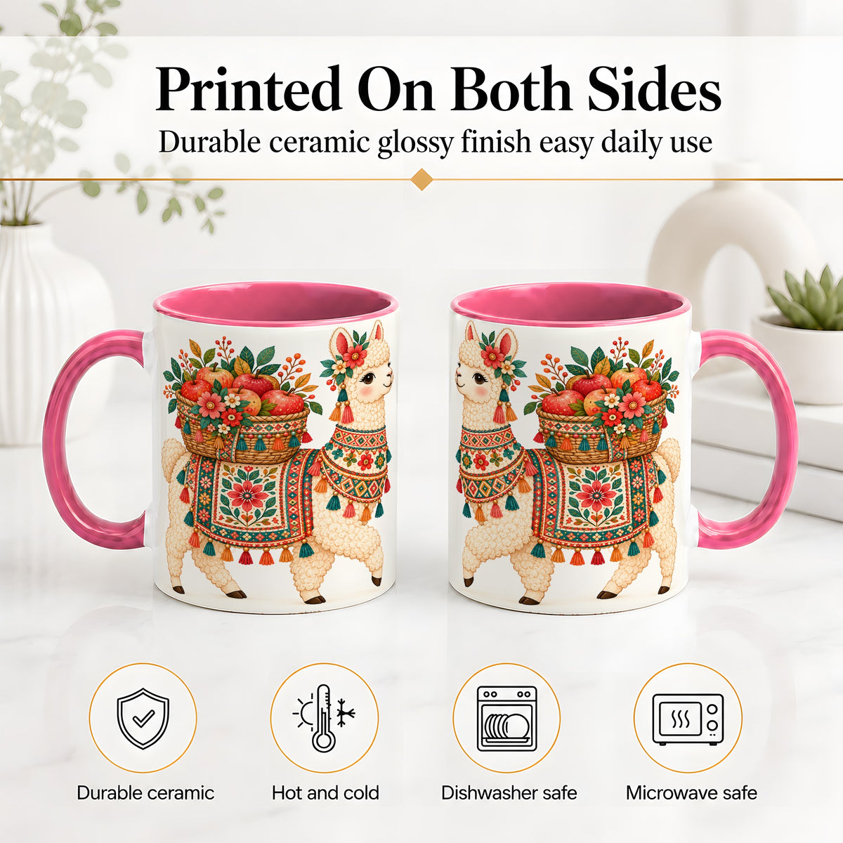 #pl[11oz|Pink] Floral Llama Ceramic Mug with Apples and Folk Pattern Artwork