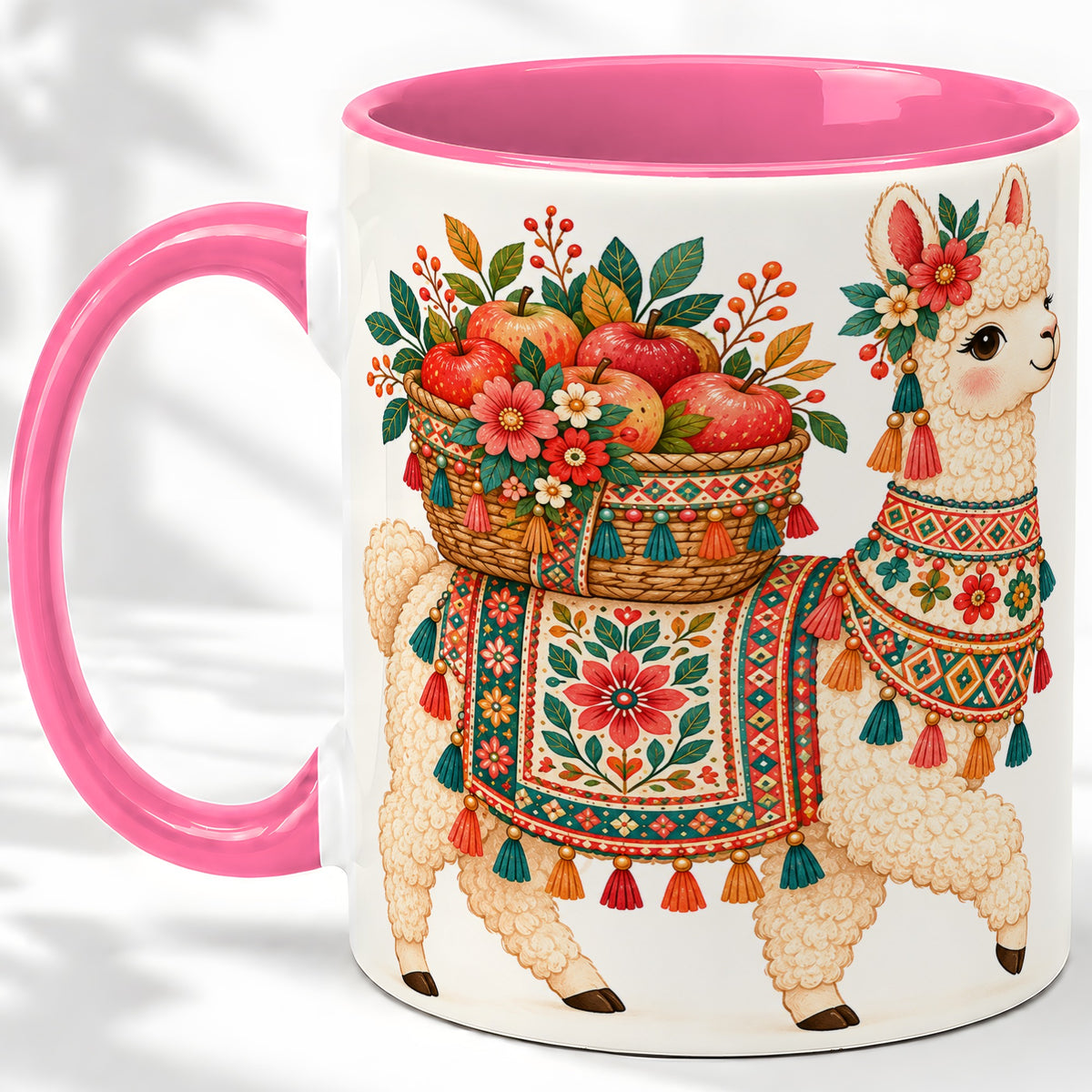 #pl[11oz|Pink] Floral Llama Ceramic Mug with Apples and Folk Pattern Artwork