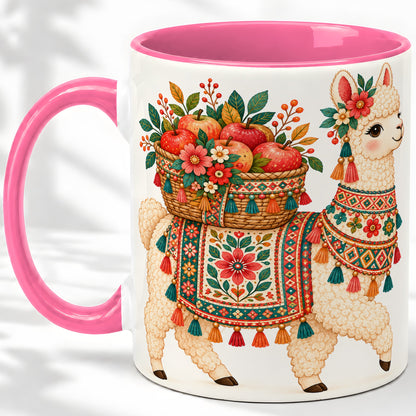#pl[11oz|Pink] Floral Llama Ceramic Mug with Apples and Folk Pattern Artwork