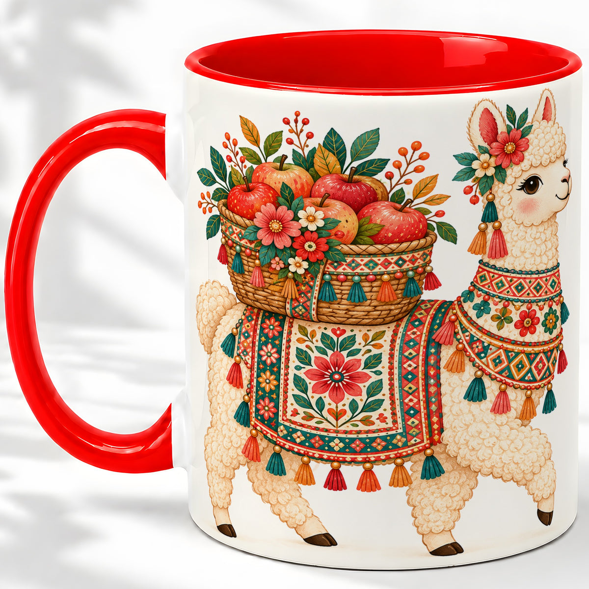 Floral Llama Ceramic Mug with Apples and Folk Pattern Artwork