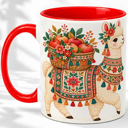 Floral Llama Ceramic Mug with Apples and Folk Pattern Artwork