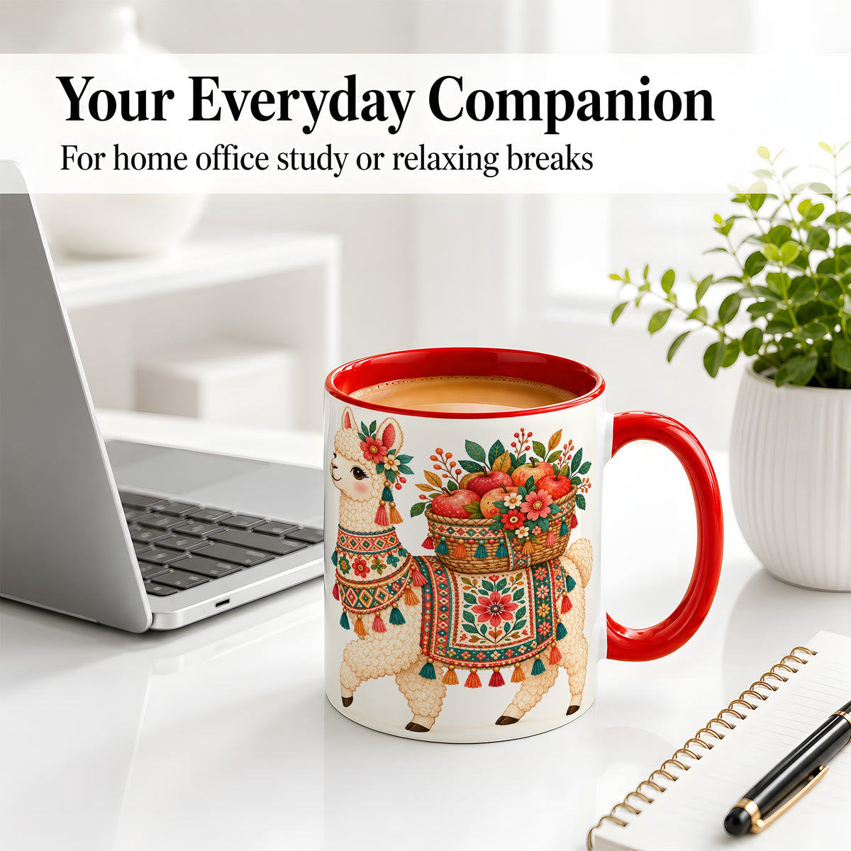 #pl[11oz|Red] Floral Llama Ceramic Mug with Apples and Folk Pattern Artwork
