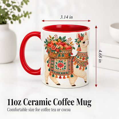#pl[11oz|Red] Floral Llama Ceramic Mug with Apples and Folk Pattern Artwork