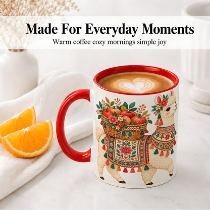 #pl[11oz|Red] Floral Llama Ceramic Mug with Apples and Folk Pattern Artwork