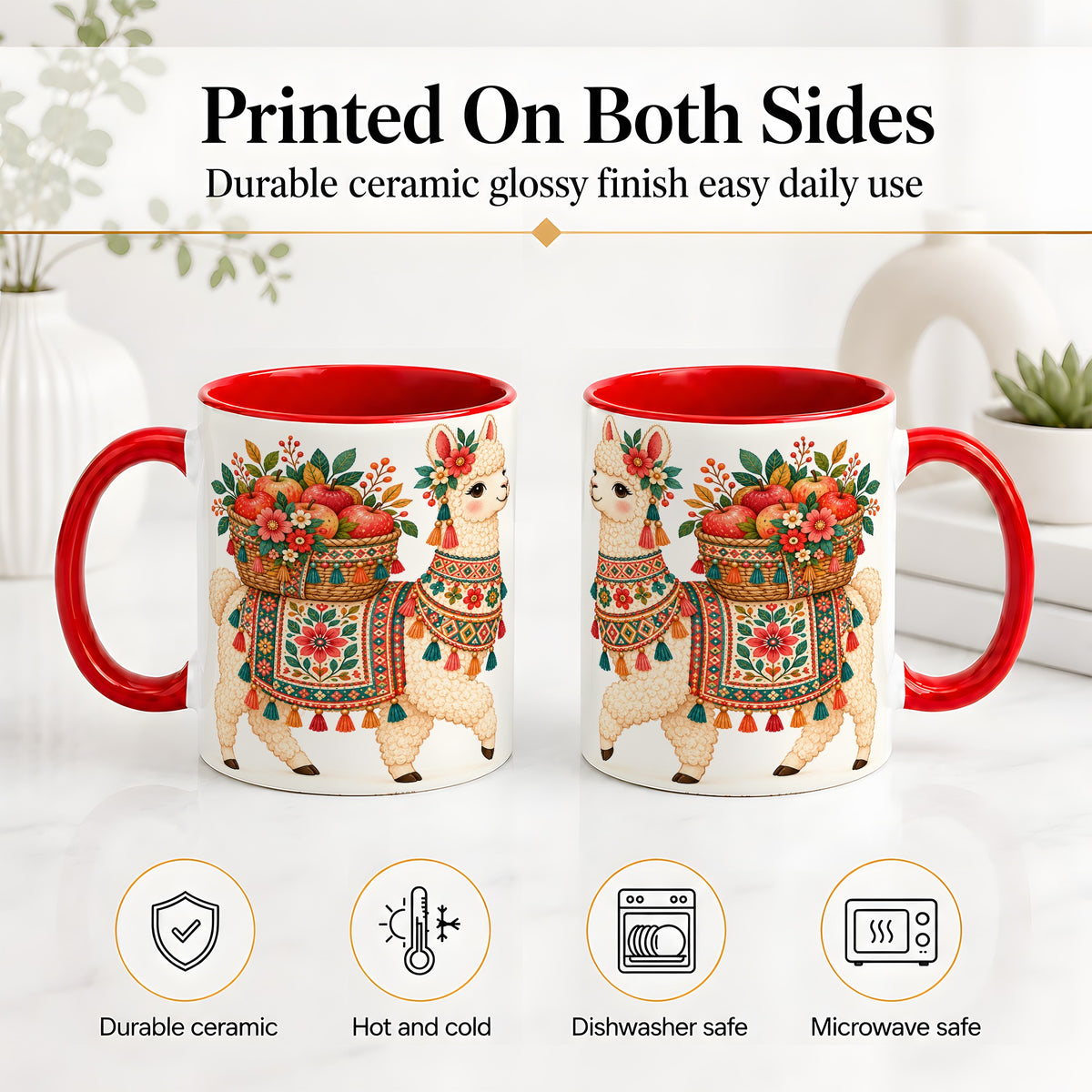 #pl[11oz|Red] Floral Llama Ceramic Mug with Apples and Folk Pattern Artwork