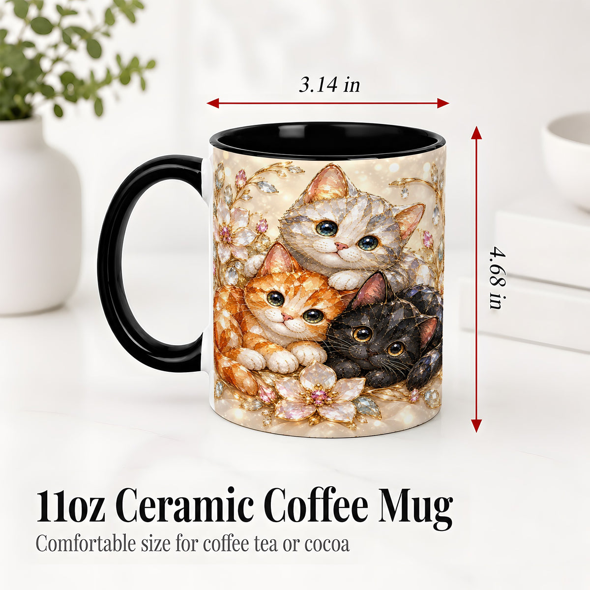 #pl[11oz|Black] Jeweled Cat Floral Ceramic Mug with Three Cats and Flowers