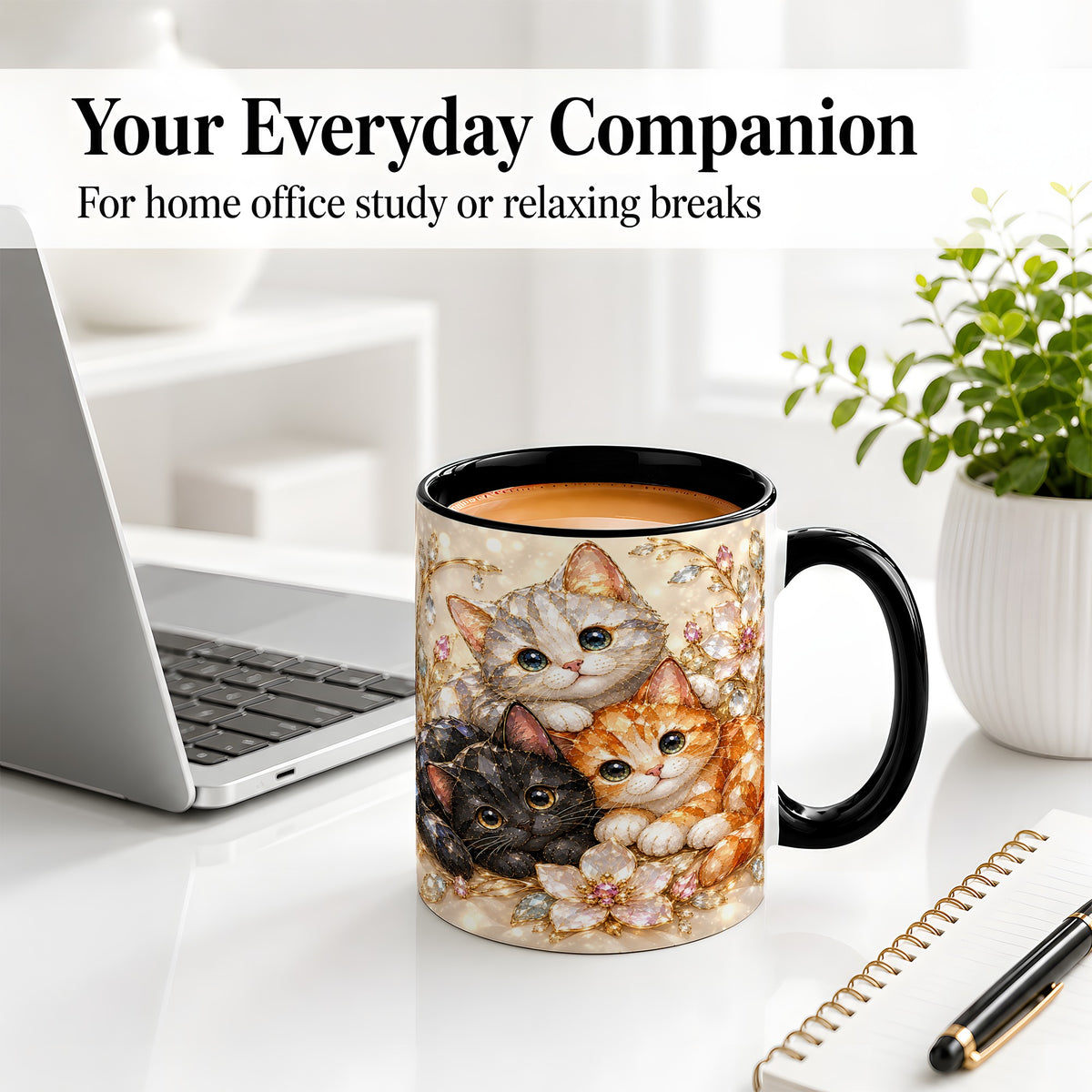 #pl[11oz|Black] Jeweled Cat Floral Ceramic Mug with Three Cats and Flowers