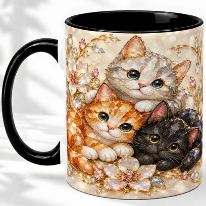 #pl[11oz|Black] Jeweled Cat Floral Ceramic Mug with Three Cats and Flowers