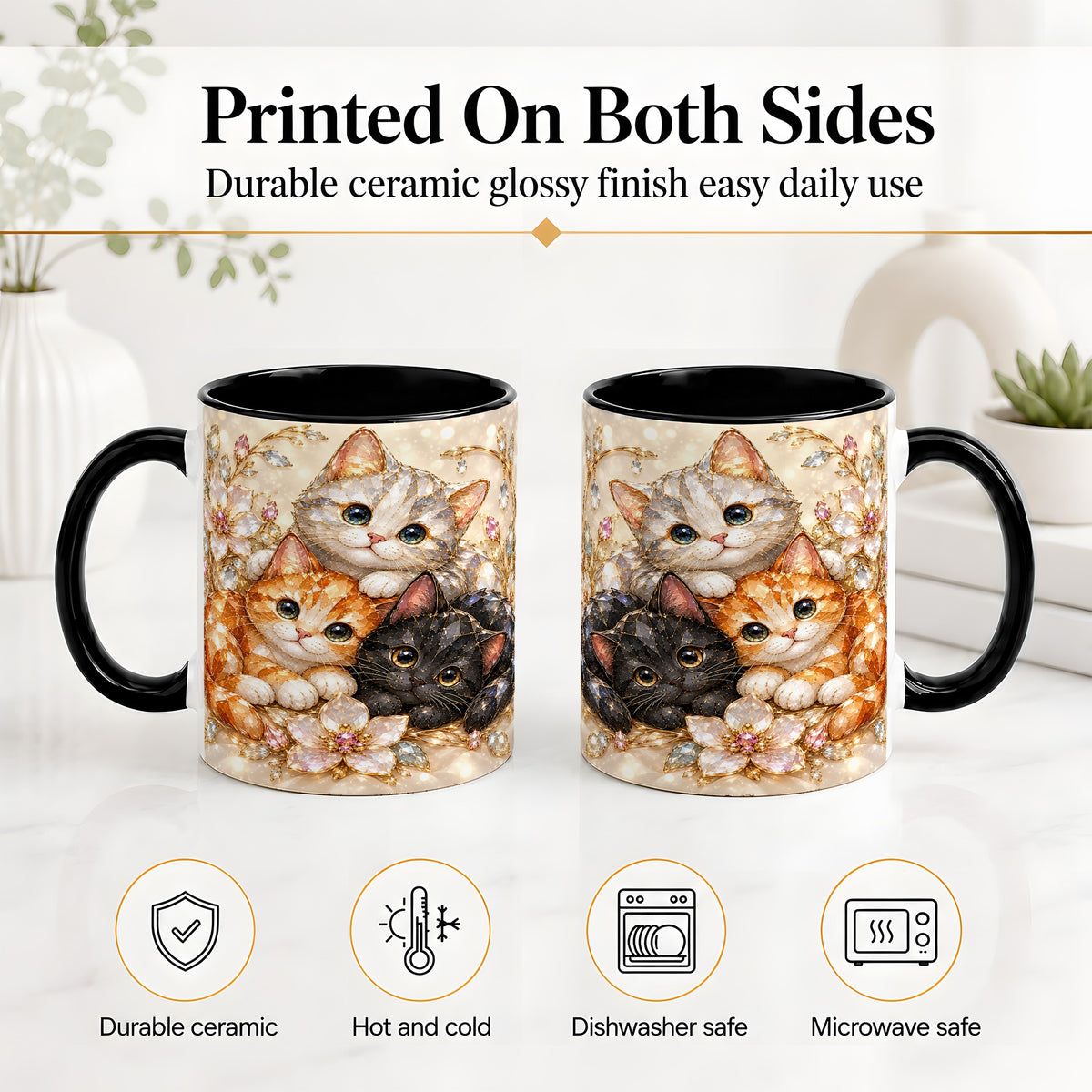 #pl[11oz|Black] Jeweled Cat Floral Ceramic Mug with Three Cats and Flowers