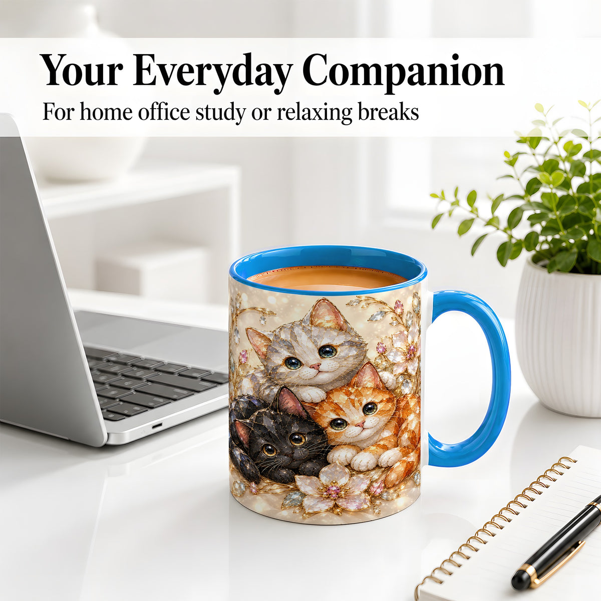 #pl[11oz|Blue] Jeweled Cat Floral Ceramic Mug with Three Cats and Flowers