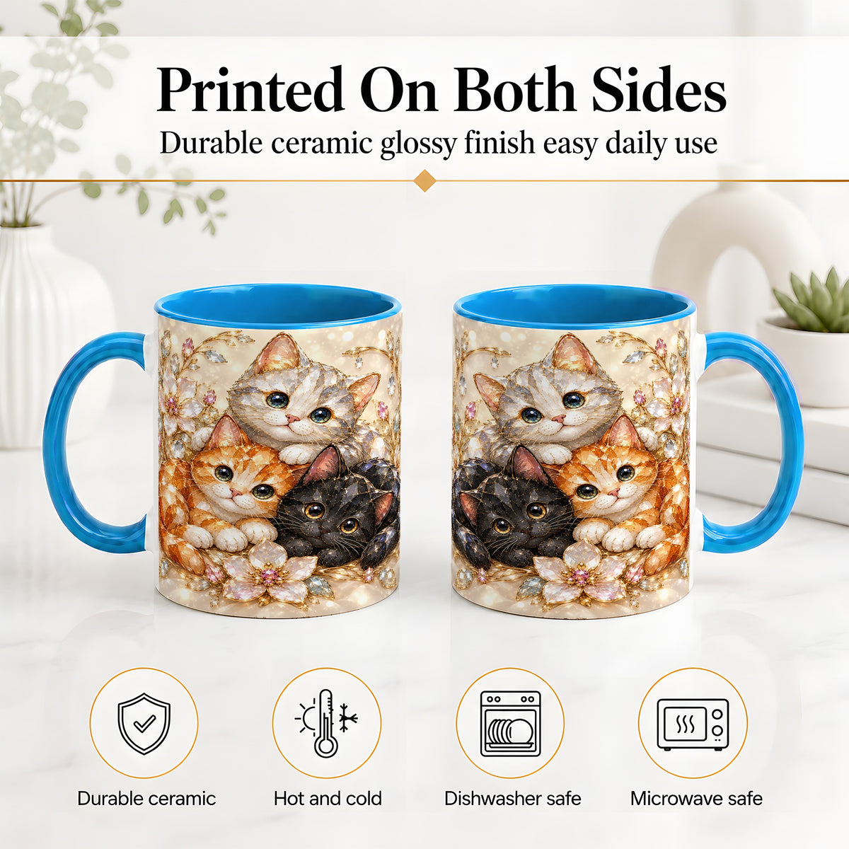 #pl[11oz|Blue] Jeweled Cat Floral Ceramic Mug with Three Cats and Flowers