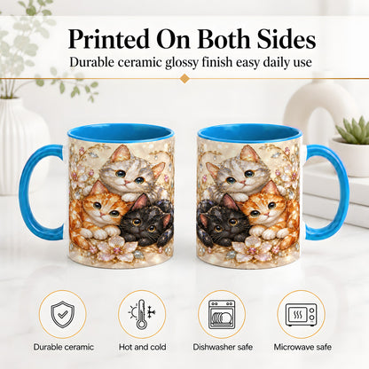 #pl[11oz|Blue] Jeweled Cat Floral Ceramic Mug with Three Cats and Flowers