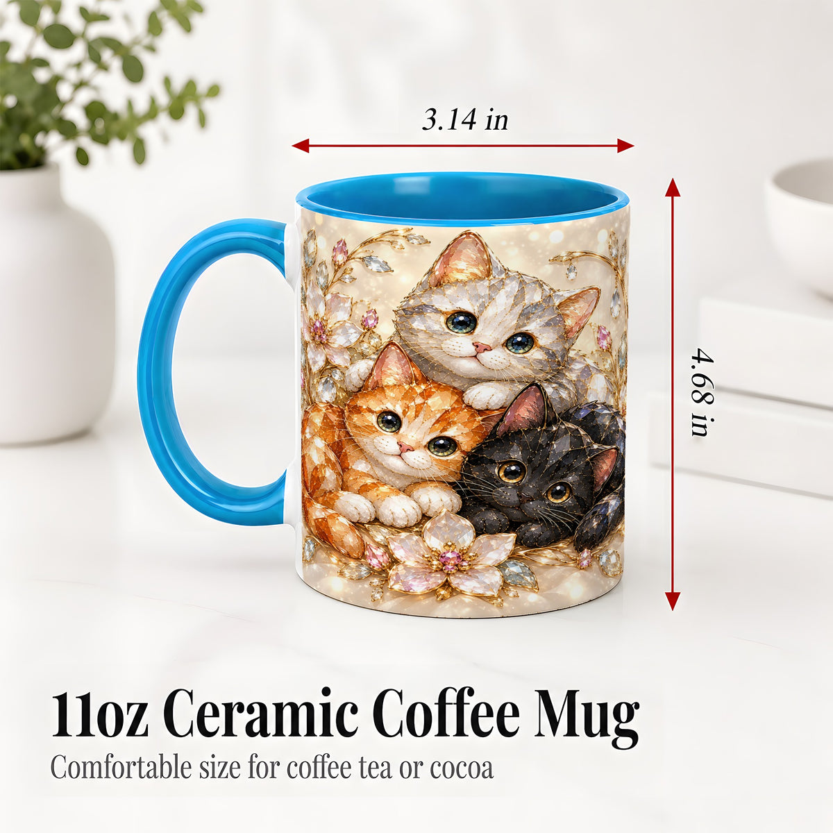#pl[11oz|Blue] Jeweled Cat Floral Ceramic Mug with Three Cats and Flowers