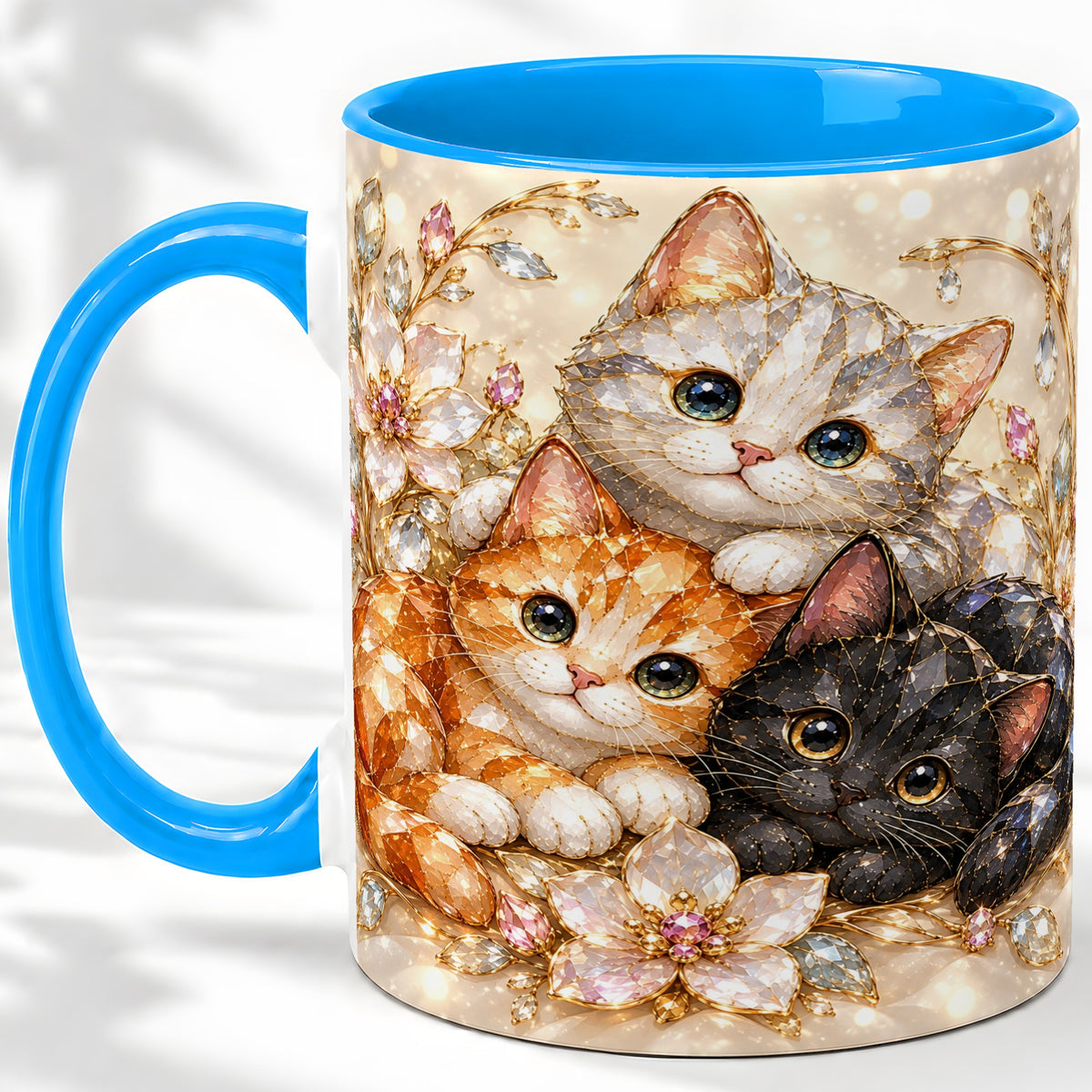 #pl[11oz|Blue] Jeweled Cat Floral Ceramic Mug with Three Cats and Flowers