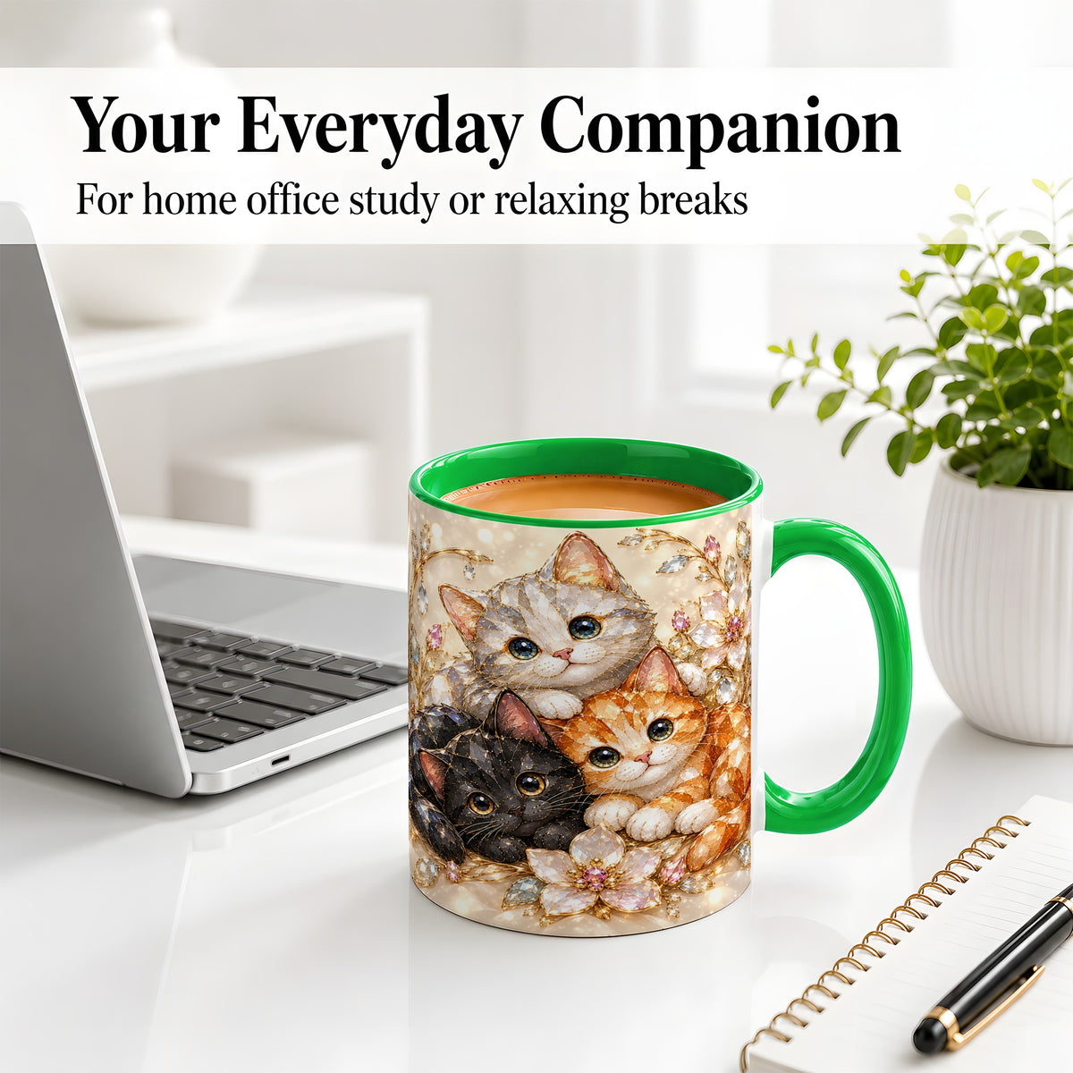 #pl[11oz|Green] Jeweled Cat Floral Ceramic Mug with Three Cats and Flowers