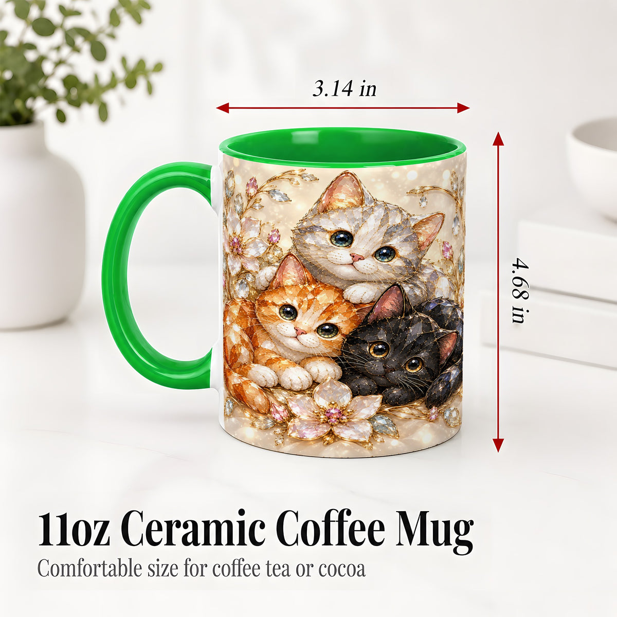 #pl[11oz|Green] Jeweled Cat Floral Ceramic Mug with Three Cats and Flowers