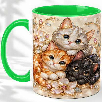 #pl[11oz|Green] Jeweled Cat Floral Ceramic Mug with Three Cats and Flowers