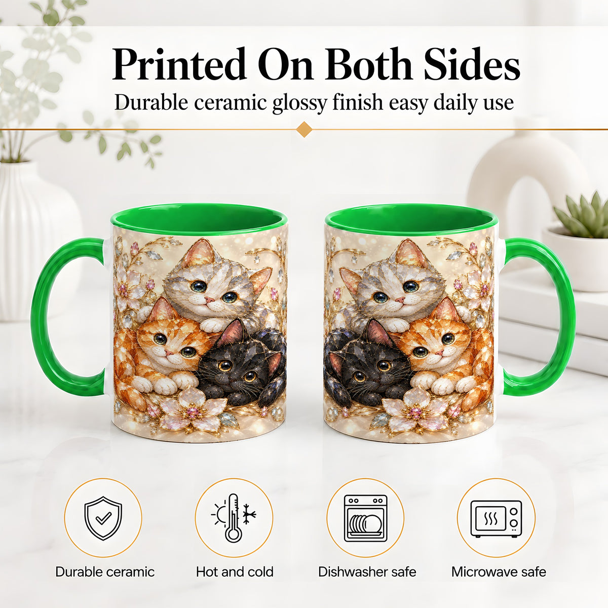 #pl[11oz|Green] Jeweled Cat Floral Ceramic Mug with Three Cats and Flowers