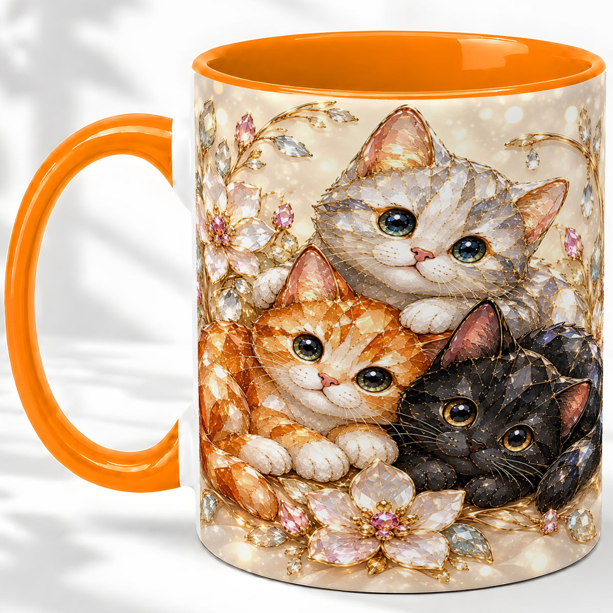 #pl[11oz|Orange] Jeweled Cat Floral Ceramic Mug with Three Cats and Flowers