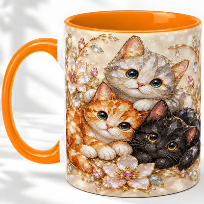 #pl[11oz|Orange] Jeweled Cat Floral Ceramic Mug with Three Cats and Flowers