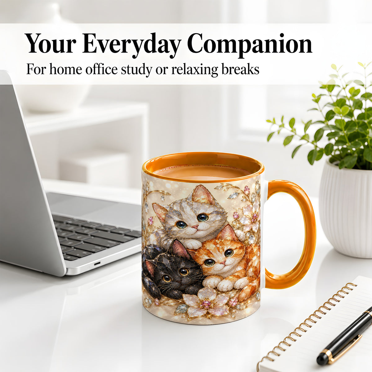 #pl[11oz|Orange] Jeweled Cat Floral Ceramic Mug with Three Cats and Flowers