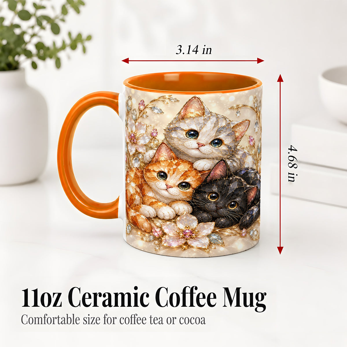 #pl[11oz|Orange] Jeweled Cat Floral Ceramic Mug with Three Cats and Flowers