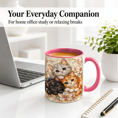 #pl[11oz|Pink] Jeweled Cat Floral Ceramic Mug with Three Cats and Flowers