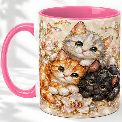 #pl[11oz|Pink] Jeweled Cat Floral Ceramic Mug with Three Cats and Flowers