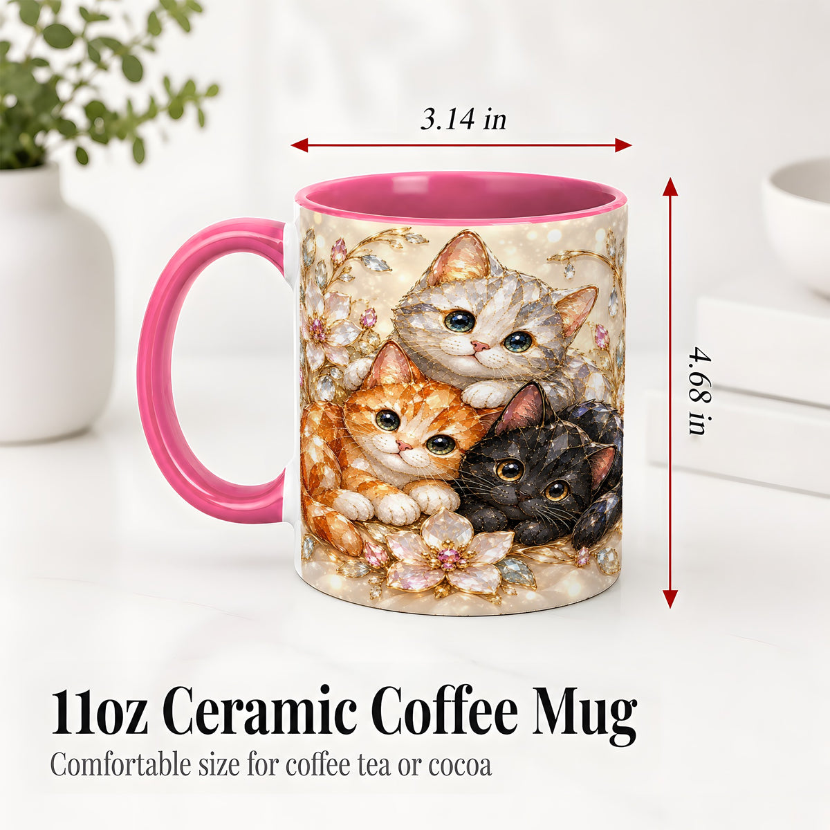 #pl[11oz|Pink] Jeweled Cat Floral Ceramic Mug with Three Cats and Flowers