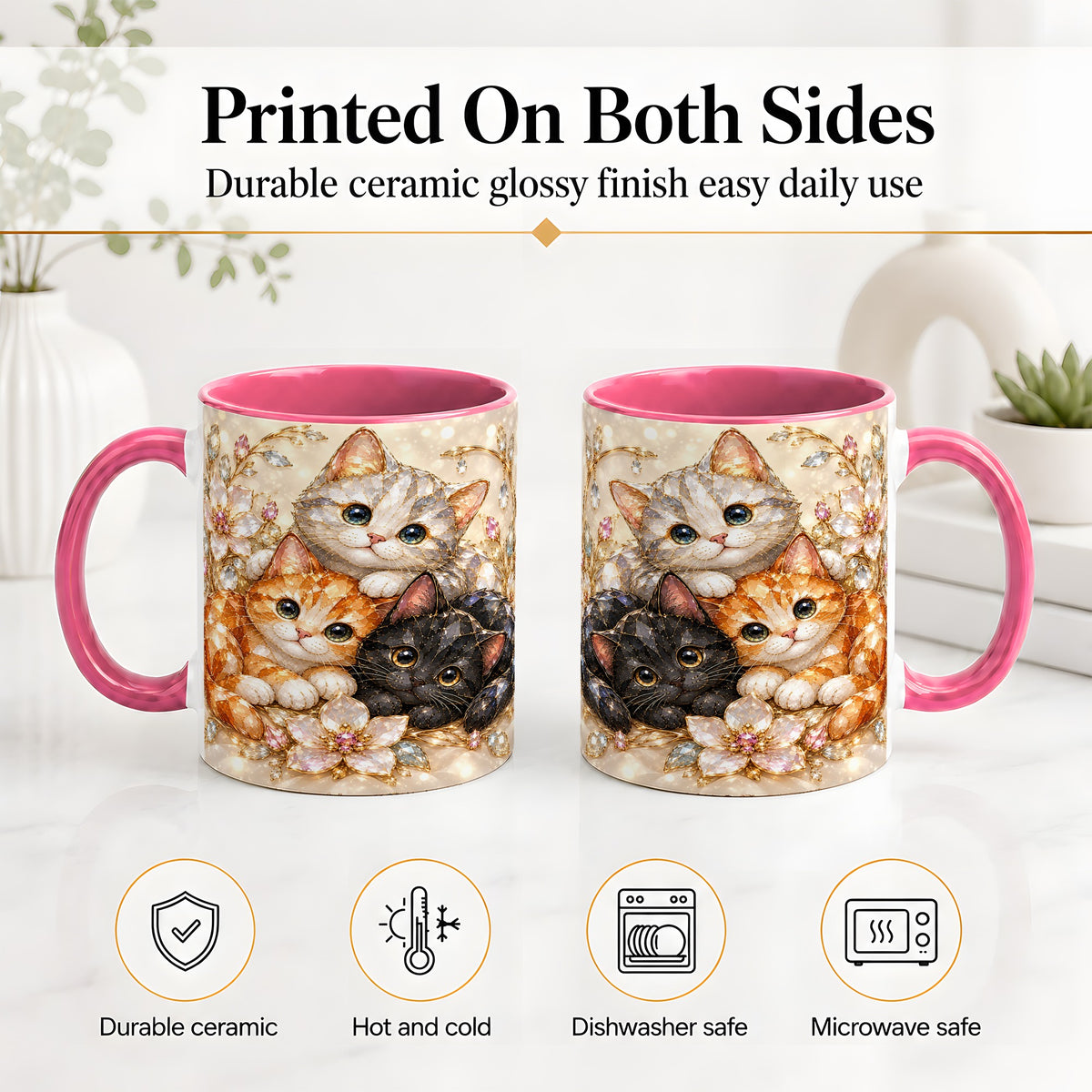#pl[11oz|Pink] Jeweled Cat Floral Ceramic Mug with Three Cats and Flowers