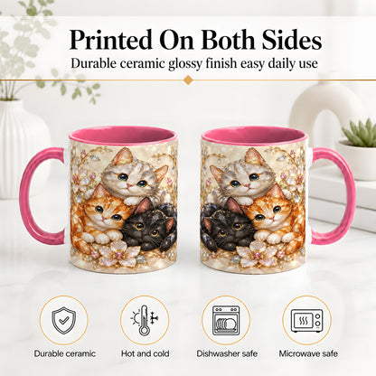 #pl[11oz|Pink] Jeweled Cat Floral Ceramic Mug with Three Cats and Flowers