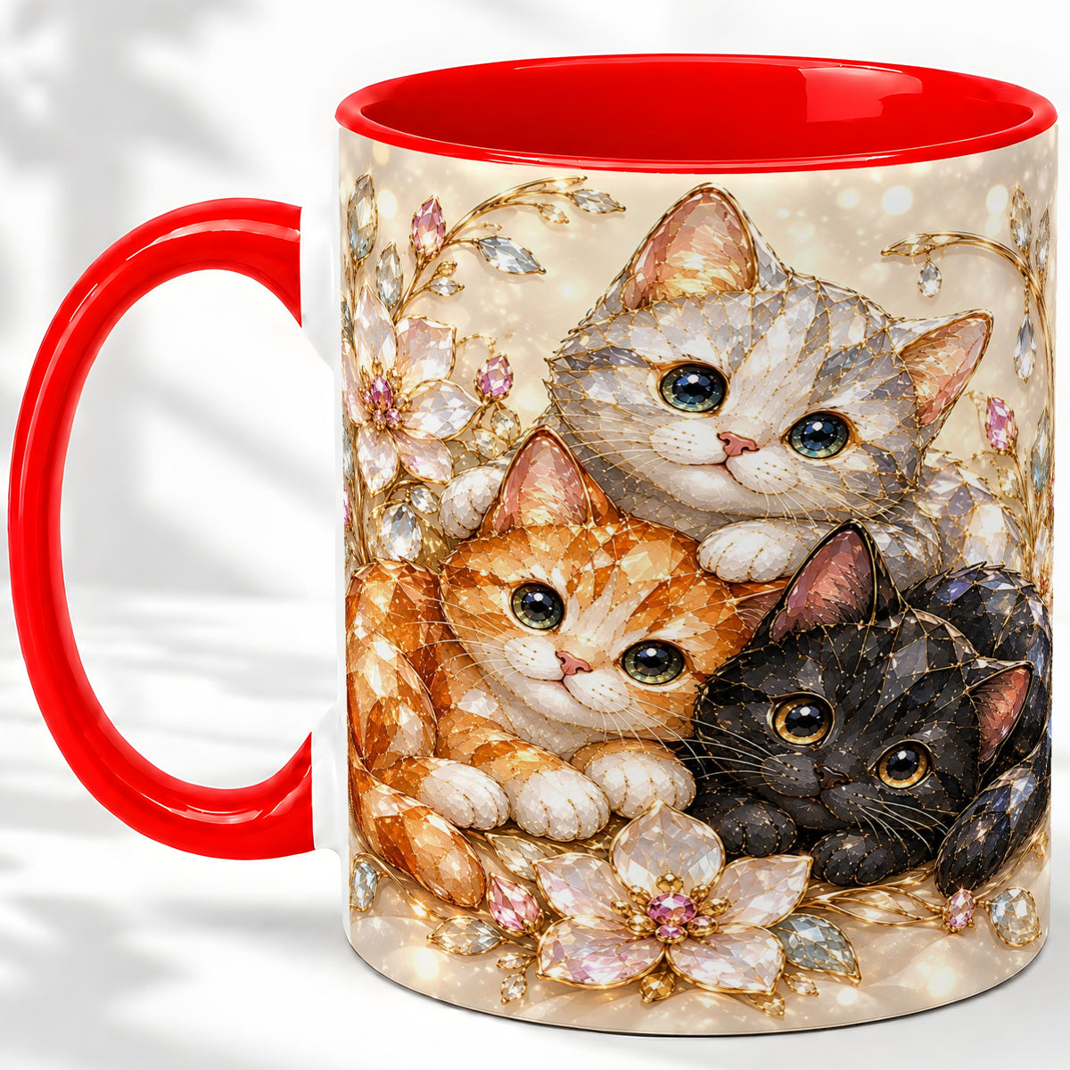 Jeweled Cat Floral Ceramic Mug with Three Cats and Flowers