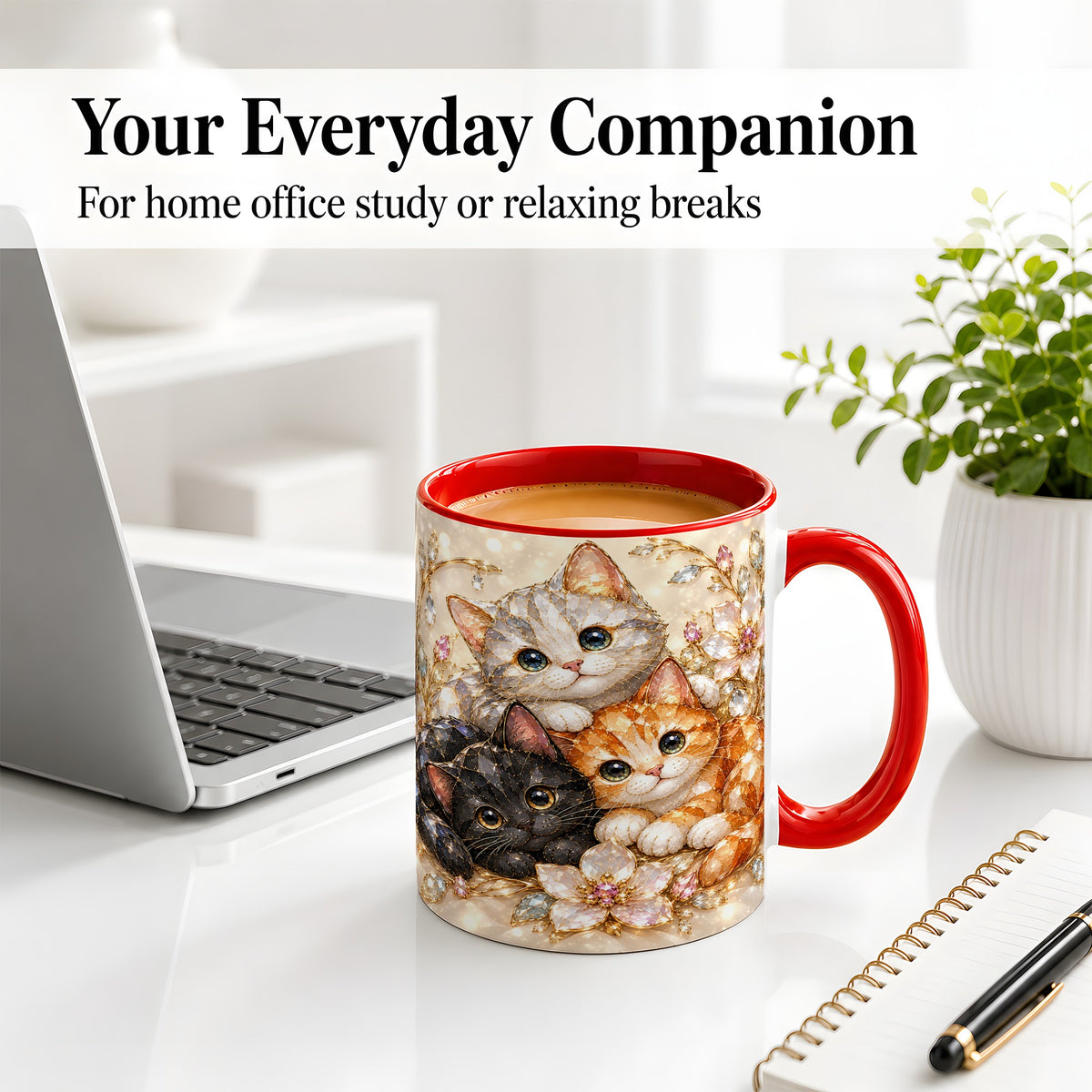 #pl[11oz|Red] Jeweled Cat Floral Ceramic Mug with Three Cats and Flowers