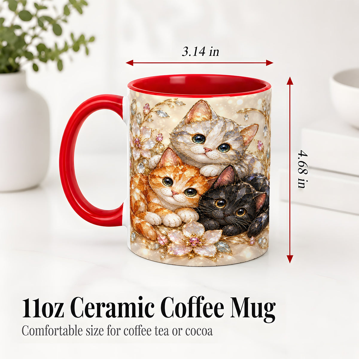 #pl[11oz|Red] Jeweled Cat Floral Ceramic Mug with Three Cats and Flowers