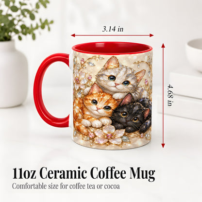 #pl[11oz|Red] Jeweled Cat Floral Ceramic Mug with Three Cats and Flowers