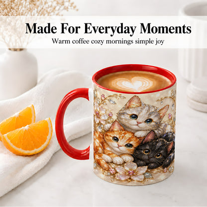 #pl[11oz|Red] Jeweled Cat Floral Ceramic Mug with Three Cats and Flowers