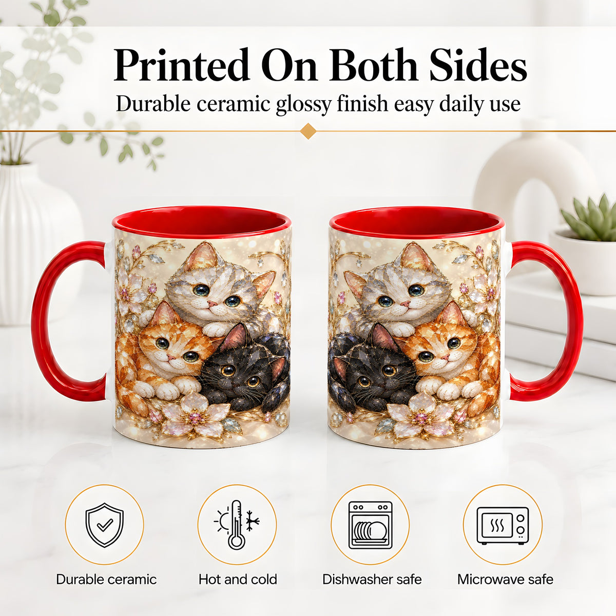 #pl[11oz|Red] Jeweled Cat Floral Ceramic Mug with Three Cats and Flowers