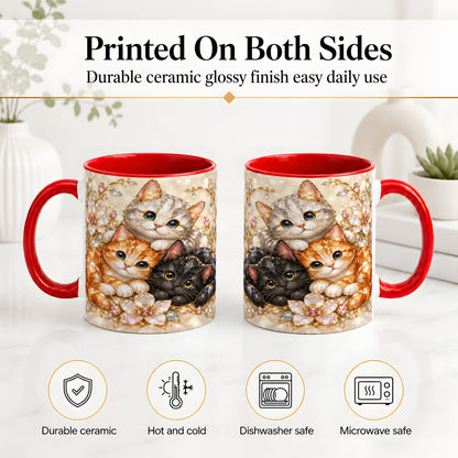 #pl[11oz|Red] Jeweled Cat Floral Ceramic Mug with Three Cats and Flowers