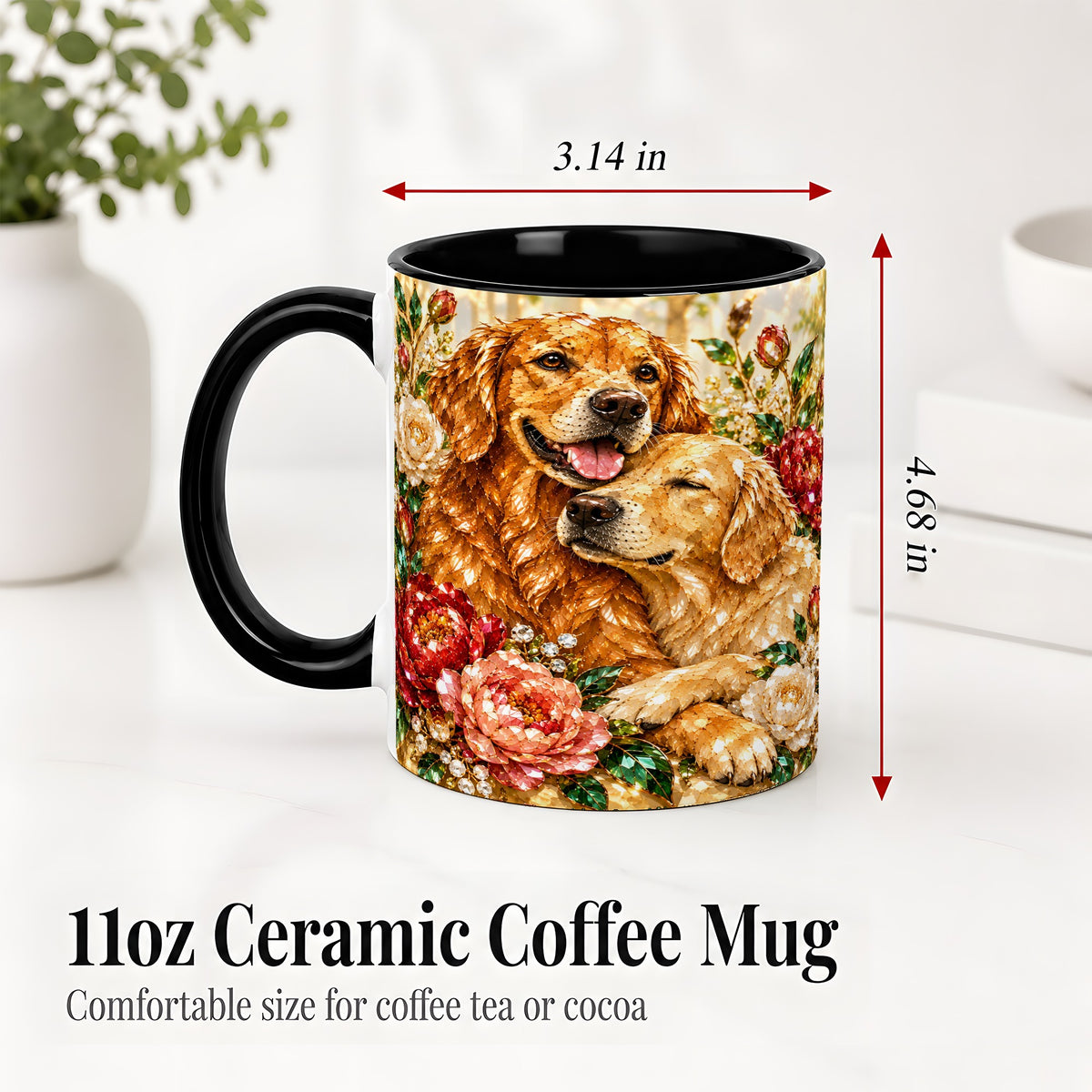 #pl[11oz|Black] Golden Retriever Floral Ceramic Mug with Two Dogs and Roses