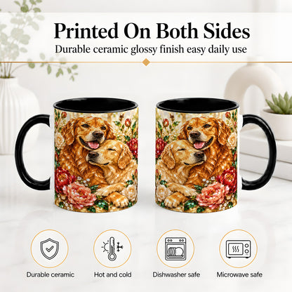 #pl[11oz|Black] Golden Retriever Floral Ceramic Mug with Two Dogs and Roses